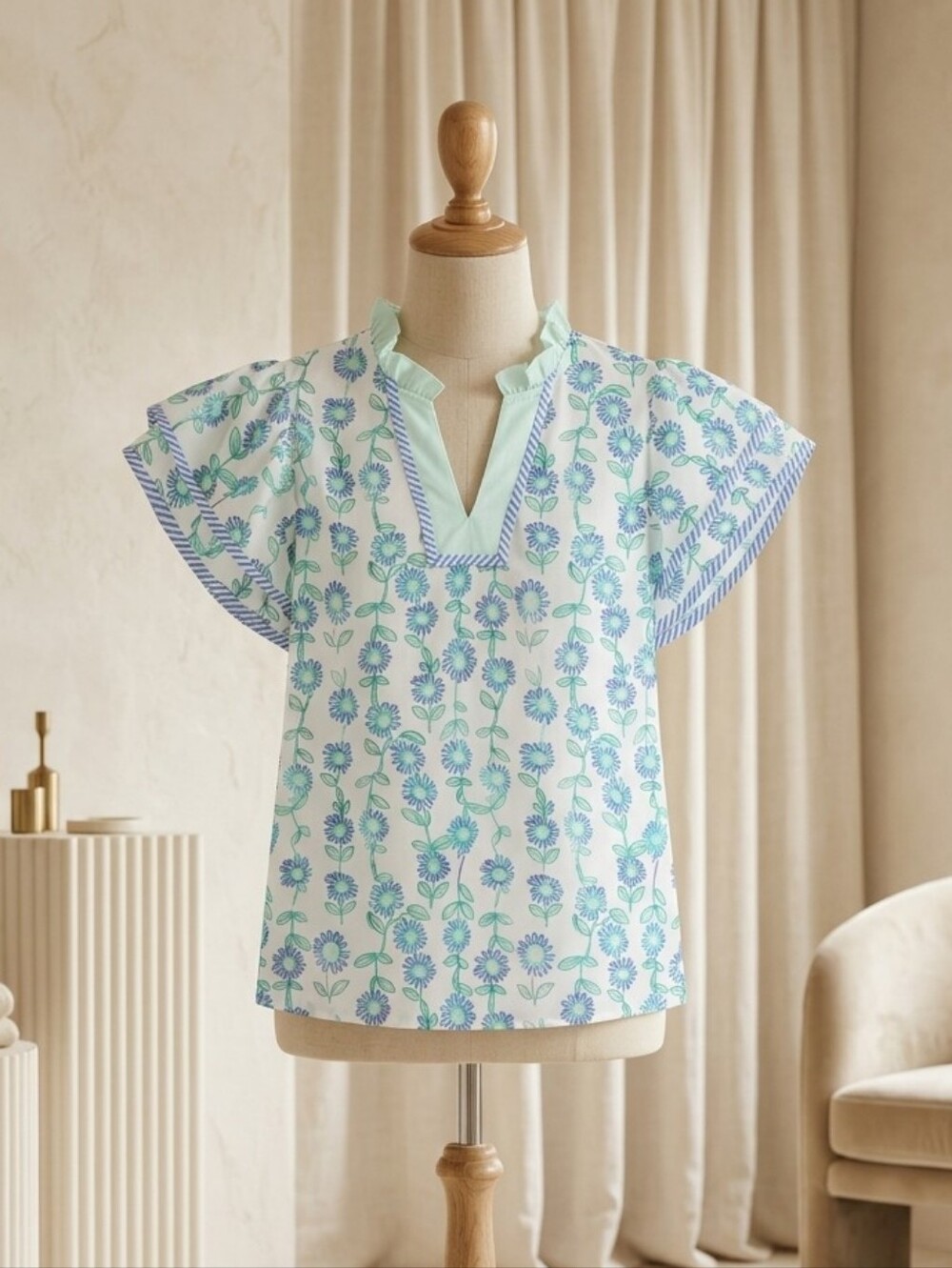 Lovesoft Green Floral Print Patchwork Flutter Sleeve Blouse – Sizes S